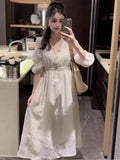 Kylethomasw Summer Korean Beading V-neck Temperament Waisted Mid-length Skirt Women's Embroidery Sweet Party Dress Elegant Princess Dresses