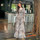 KYLETHOMASW  -  Retro Printed V-neck Kink Dress for Women in Spring and Autumn Slim Temperament Seaside Vacation Atmosphere