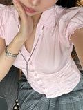 KYLETHOMASW  -  Fashion Sweet Ruched Slim Fit Women Shirts Chic Solid Summer Cute All-Match Causal Blouses Simple
