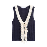 KYLETHOMASW  -  Women Contrasting Ruffle Knit Tank Tops Sexy V Neck Front Tie Holiday Casual Summer Crop Top