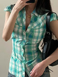KYLETHOMASW  -  Fashion Y2k Lace Spliced Plaid Prints Women Shirts Shorts Sleeves Retro Chic Design Summer Polo Blouses