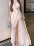 KYLETHOMASW  -  Neack-mounted Backless Long Dresses Beach Gentle Fairycore Flower Design Sense  A-line V-neck Off Shoulder Backless Dress