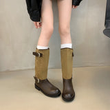 KYLETHOMASW  -  Winter Belt Buckle Women Knight High Boots Thick Heel Shoes Female Vintage Slip On Slim Long Booties Zapatos De Muje