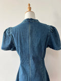 KYLETHOMASW  -  Denim Dress for Women Stand Collar Bow Bubble Short Sleeve Dresses Blue A-line Korean Fashion Retro Mini Skirts Female Clothes