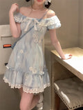 KYLETHOMASW  -  Kawaii Japanese dress lolita y2k Sweet Blue Floral Dress Women Casual Evening Party One Piece Dress Korean Fashion Summer 2024