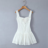 KYLETHOMASW  -  Sexy White Emboridery Flower Bow Ruched Chest Elastic Strap Mini Tank Dress Low Waist Spliced Folded Swing Women Sleeveless Robe