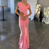 KYLETHOMASW  -  Fashion Irregular Solid Color Dress Temperament High Waist Mesh Hollow Out Dress Sexy Sleeveless Pleated Wrap Hips Evening Dress