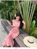 KYLETHOMASW  -  Women's Print Long Dresses Elegant V-neck Sleeveless Bodycon Evening Party Dress New Fashion Slim Waist Vestidos Mujer New Robe