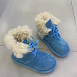 KYLETHOMASW  -  Women Blue Platform Snow Boots Faux Suede Curly Fur Lined Winter Lace Up Ankle Boots Thick Sole Warm Non Slip Fashion Boots