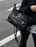 KIylethomasw Rivet Black Tote Bag Women Y2k Grunge Vintage Large Capacity Crossbody Bags Ladies Moto Biker Luxury Designer Handbag