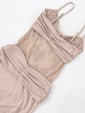 KYLETHOMASW  -  Spaghetti Strap Slim Lace Patchwork Sheer Holiday Party Dresses for Women Summer Khaki Sheath Slim Fit Streetwear Vestido