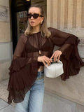KYLETHOMASW  -  Sexy See-tough Long Sve Me Blouse Casual Sle Faionable Women's Top Loose Fit Chiffon Material Bell Sve