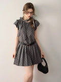 KYLETHOMASW  -  Kawaii Grey Dot Pleat Mini Dress for Women Bow Lace Up Puff Sleeve Birthday Dress Vintage Fashion Cute Girl Summer Dress