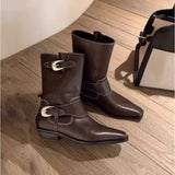 KYLETHOMASW  -  Women Boots Autumn Winter Plush Warm Mid Calf Boots Chelsea Ladies Shoes Fashion Square Toe Metal Buckle Women's Short Boots