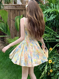 KYLETHOMASW  -  New Floral Chic Bow Square Collar Sling Short Dress Women Elegant Casual A-Line Dress Summer Korean Bodycon Kawaii Dresses