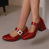 KYLETHOMASW  -  Plus Size 48 Women Patent Leather Mary Jane Shoes Sparkly Crystal Rhinestone Burgundy White Block Heel Pumps Party Shoe