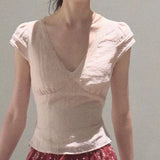 KYLETHOMASW  -  Sweet Shirts Women V Neck Lace Patchwork Bandage Slim Summer Fashion New Crop Tops Female Y2k Harajuku Casual Blouse