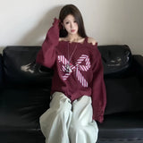 Kylethomasw Slash Neck Sweater Women Harajuku Oversized Bow Knitted Pullovers Korean Off Shoulder Knitwear Aesthetic Long Sleeve Jumpers New