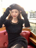 KYLETHOMASW  -  Faux Fur 2 Piece Dress Set Women Casual Y2k Crop Tops + Mini Skirt Female  Spring Elegant Knitted Suit Korea Fashion Bodycon