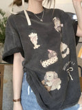 Kylethomasw American Retro Kawaii Doggy Print Oversized T-shirts for Women Summer Cutecore Cat Kitty Graphic Tops Short Sleeve Tops