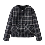 KYLETHOMASW  -  Ethnic Women Gray Plaid Wave Quilting Full Sleeve Loose Coat Outerwear Autumn Winter Covered Buttons O Collar Quilted Jacket