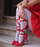KYLETHOMASW  -  Crimson Satin Square-Toe Stiletto Heels Draped Ribbon Bow Detail Elegant Style High Heels for Evening Date High-Fashion Party