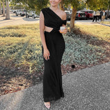 KYLETHOMASW  -  Fashion Irregular Solid Color Dress Temperament High Waist Mesh Hollow Out Dress Sexy Sleeveless Pleated Wrap Hips Evening Dress