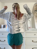 KYLETHOMASW  -  Women's Casual Grey Cropped Sweatshirt Chic Long Sleeved O-neck Top Reverse Crochet Lace Outfit New Oversized Y2k Streetwear