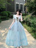 KYLETHOMASW  -  Sweet Lolita Princess Puff Sleeve Lace Ruffle Bow Corset Sky Blue Ombre Long Dress Women Girls Beach Vacation Party Daily Wear