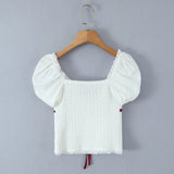 KYLETHOMASW  -  New Contrasting Bow Lace Trim White Blouse Women Sexy V Neck Puff Sleeve Slim Summer Crop Top