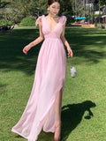 KYLETHOMASW  -  Women Pink Temperament Backless Pleated Vest Dress Summer New Elegant Ladies V-neck Sleeveless High Waist Vestidos Robe