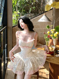 KYLETHOMASW  -  Seaside Vacation Style High Waist Slimming Suspender Dress Sweet Beautiful Woman Pure Lace Splicing Puffy Short Dresses
