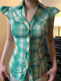 KYLETHOMASW  -  Fashion Y2k Lace Spliced Plaid Prints Women Shirts Shorts Sleeves Retro Chic Design Summer Polo Blouses