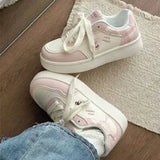 KYLETHOMASW  -  Cute Women Pink‑White Platform Sneakers Bear Embroidery Lace‑Up Round Toe Thick‑Sole Sweet Style Casual Daily Board Shoes