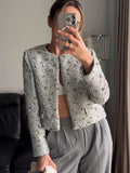 Kylethomasw Spring Woman Fashion Silver Sequins Jacket Elegant O-Neck Long Sleeves Cropped Coats Female Casual Open Front Outerwear