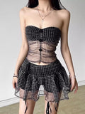 KYLETHOMASW  -  Plaid Strapless Perspective Mesh Crop Tops Black Sexy Girl A-line Mini Skirt Chic Two Piece Sets Womens Outifits Summer