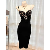 KYLETHOMASW  -  Women's Elegant Lace Patchwork Bodycon Midi Dress Spaghetti Strap V Bust Cocktail Party Dress