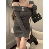 KYLETHOMASW  -  Y2K Knitted Mini Dress Women Streetwear Sexy Off Shoulder Sweater A Line Dresses Christmas Party Korean Bodycon Vestidos
