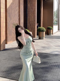 KYLETHOMASW  -  Woman Dress Sleeveless Satin V Neck Lace Patchwork Bandage Sexy Elegant Backless Mermaid Dresses Party Female Fashion