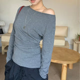Kylethomasw Korean Sexy Strapless Pleated Gray Long-sleeved T-shirt Women 2024 Autumn New High Street Polka Dot Rhinestone Casual Tops