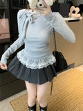 Kylethomasw Gray Lace Spliced Knit Base Sweater for Women Ballet Style Autumn Winter Bow Tie Knitwear Lace Long Sleeve Pullover Chic