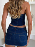 KYLETHOMASW  -  Retro Women Strapless Tops Short Dress Denim 2 Piece Suits Backless Fringes Hem Tops Low Rise Tassel Skirts Outfits Vintage Sets