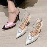 KYLETHOMASW  -  Elegant Crystal Buckle Strap Pointed Toe Women Pumps Sexy Prom Thin Heels Sandals Mule Ladies Party Shoes