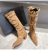 KYLETHOMASW  -  Vintage Pleated Belt Buckle Faux Suede Women Knee High Boots Autumn Winter Fashion High heels Western Cowboy Knight Boots Shoes