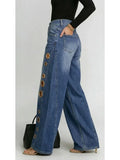 KYLETHOMASW  -  Women's Washed Blue High-Waist Metal Grommet Wide Leg Jeans Casual Loose Fit Streetwear Pants Casual Trousers