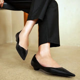KYLETHOMASW  -  Sexy Pointed Toe Leather Flat Shoes Women Tapered Low Heel Pumps Black Shallow Mouth Design Comfort Casual Office Shoe for Women