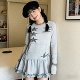 KYLETHOMASW  -  Y2K Aesthetic Women's Sweatshirt Dress Gray Star Rabbit Print Drawstring Ruffle Hem Long Sleeve Casual Dress 2000s E-girls