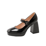 KYLETHOMASW  -  Red Patent Leather Mary Jane Pumps for Women Strap Buckle Chunky High Heels Shoes Woman Platform Pump Burgundy Party 43