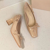 KYLETHOMASW  -  Elegant Side Bow Decoration Chunky Heel Pumps Women Luxury Patent Leather Square Toe High Heels Fashion Shallow Party Dress Shoe