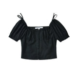 KYLETHOMASW  -  Sexy White U Collar Metal Hook Buttons Short Puff Sleeve Shirt Women Tie Bow Shoulder Center Slim Crop Tops Black